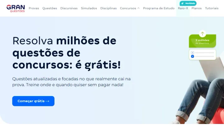 Home do Gran Questões, que oferece milhões de questões gratuitas para concursos.
